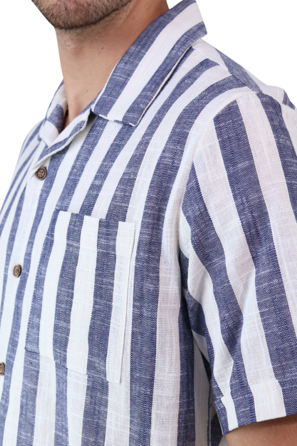 Camisa Resort Manga Corta De Algodón Estamado A Rayas Azules Para Hombre